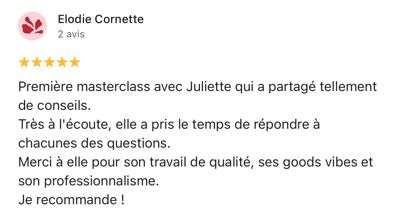 Avis Google 5 étoiles d'Elodie : très à l'écoute, travail de qualité, je recommande