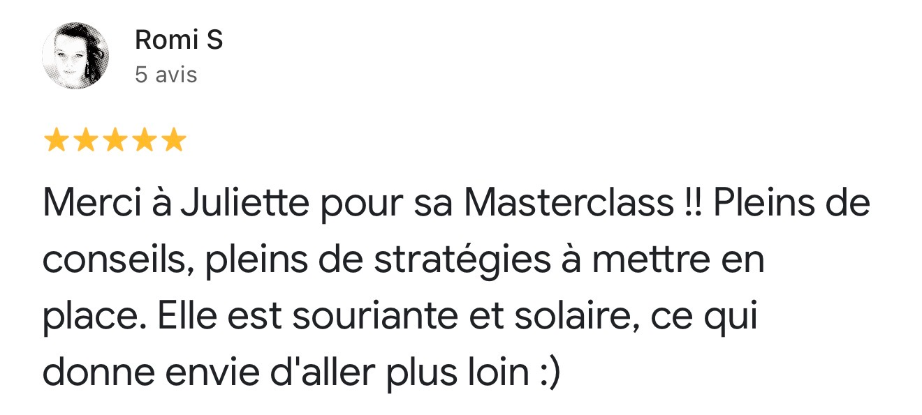 Avis Google 5 étoiles de Romi : pleins de conseils et de stratégies à mettre en place