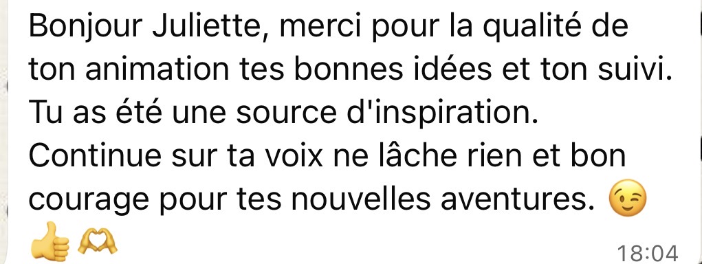 Message d'une personne accompagnée : merci pour la qualité de ton animation, tes bonnes idées et ton suivi