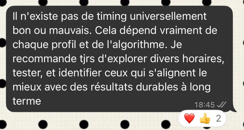 Réponse de Juliette à une cliente : conseil détaillé sur les horaires de publication