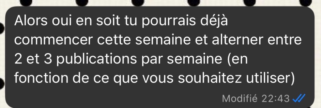Réponse de Juliette : plan de publication concret, 2 à 3 posts par semaine