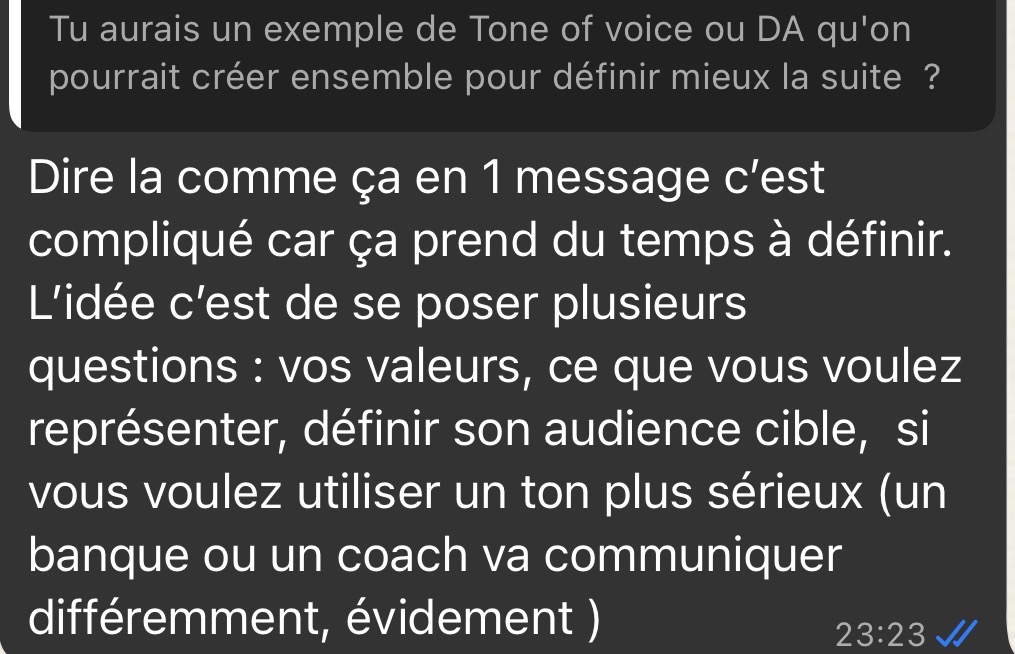 Réponse de Juliette sur le tone of voice et la direction artistique d'une cliente